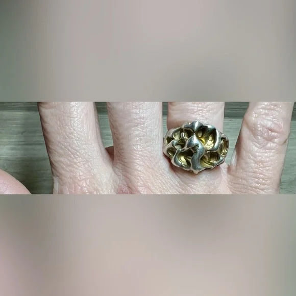 Vintage Designer Hallmarked Sterling Silver & Gold Brutalist Ring, Size 6